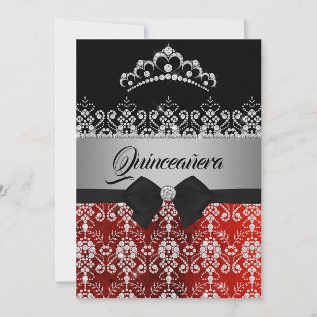 Convites Quinceanera Prata Brilho Diamante Tiara Arco (Frente)