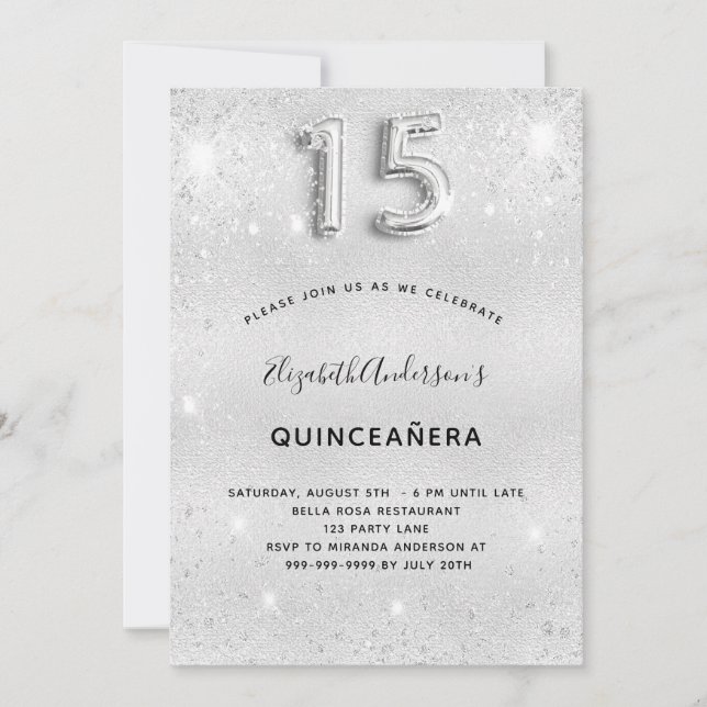 Convites Quinceanera prata elegante (Frente)