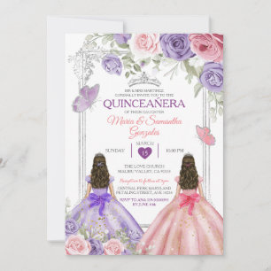 Convites Quinceañera prata gêmea púrpura e rosa