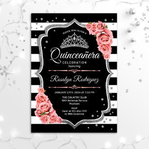 Convites Quinceanera - Prata Preta - Rosa Esbranquiçada