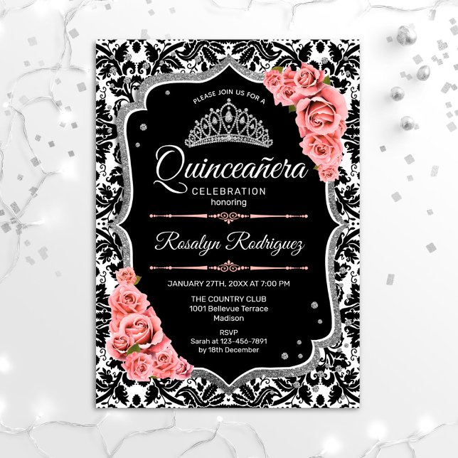 Convites Quinceanera - Prata Rosa Negra (Criador carregado)