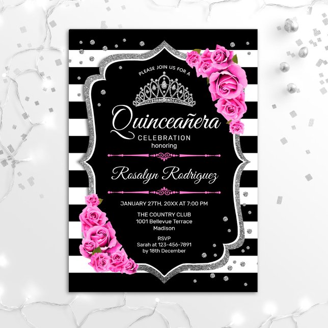 Convites Quinceanera - Prata Rosa Preta (Criador carregado)