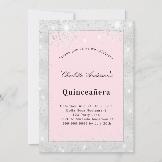 Convites Quinceanera prateada pincelada poeira rosa (Frente)