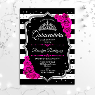Convites Quinceanera - Prateado Preto Rosa