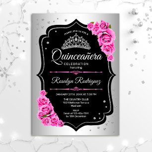 Convites Quinceanera - Prateado Preto Rosa