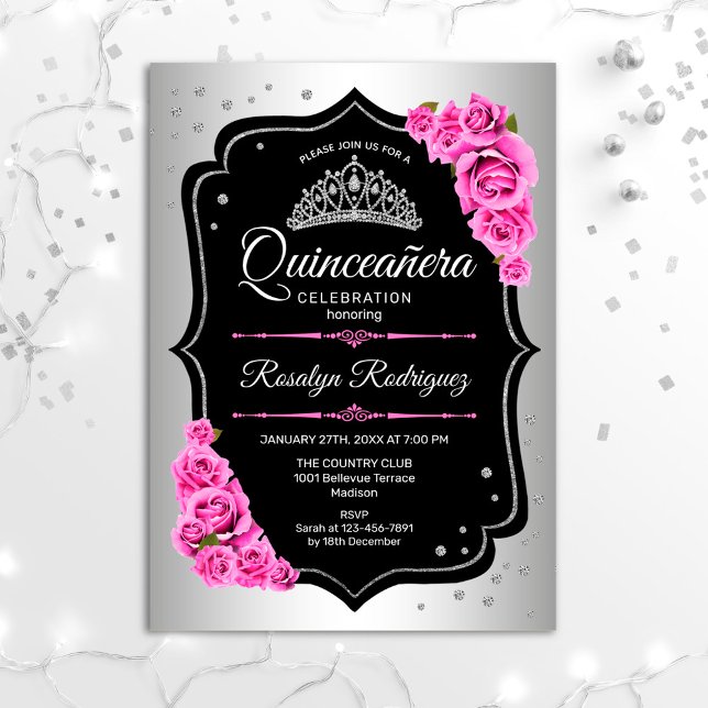 Convites Quinceanera - Prateado Preto Rosa (Criador carregado)