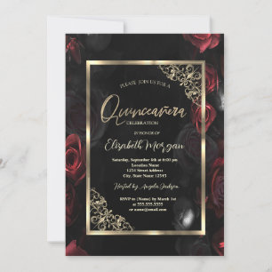 Convites Quinceañera Preta com Quadro Dourado das Rosas ver