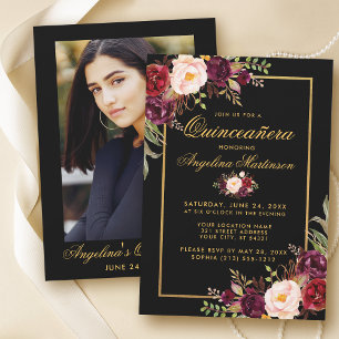 Convites Quinceanera Preta, Dourada Foto De Volta