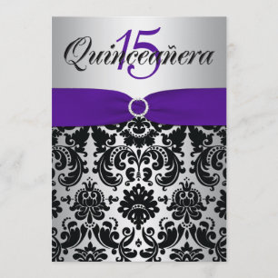 Convites Quinceanera Preta Púrpura de Fita de Fita, IMPRES