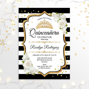 Convites Quinceanera - Preto Branco Dourado