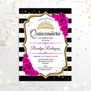 Convites Quinceanera - Preto Branco, Rosa Dourado