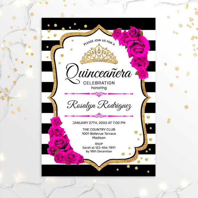 Convites Quinceanera - Preto Branco, Rosa Dourado (Criador carregado)