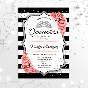Convites Quinceanera - Preto Branco - Rosa Esbranquiçado