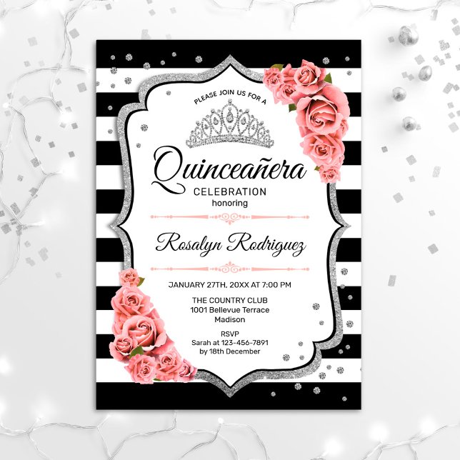 Convites Quinceanera - Preto Branco - Rosa Esbranquiçado (Criador carregado)