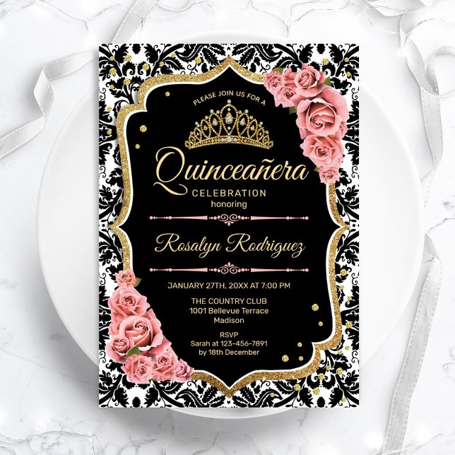 Convites Quinceanera - Preto Cor-de-Rosa Esbranquiçado Dour (Criador carregado)