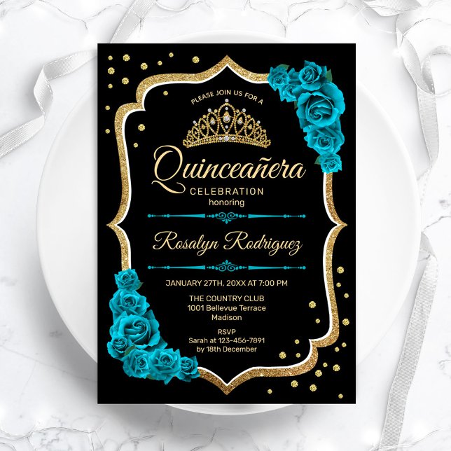 Convites Quinceanera - Preto Dourado Teal (Criador carregado)
