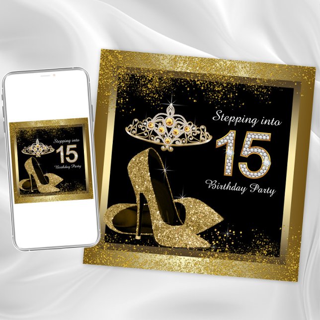 Convites Quinceanera Preto e Dourado (Quinceanera or any occasion invitation. Simply delete the 15 and add the text of your choice.)