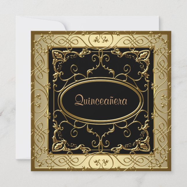 Convites Quinceanera Preto e Dourado (Frente)