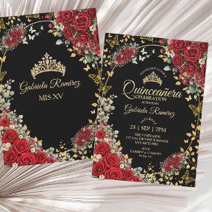 Convites Quinceañera Preto e Vermelho Borboletas Douradas R