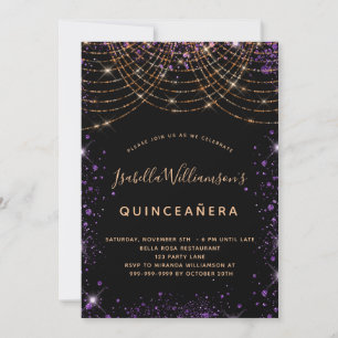 Convites Quinceanera preto, ouro roxo, pó elegante