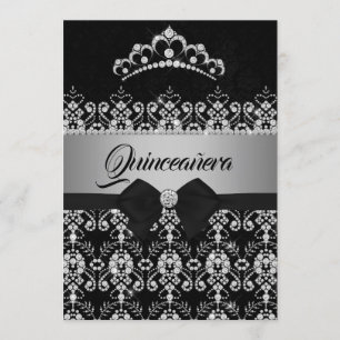 Convites Quinceanera Preto Prata Brilho Diamante Tiara Arco