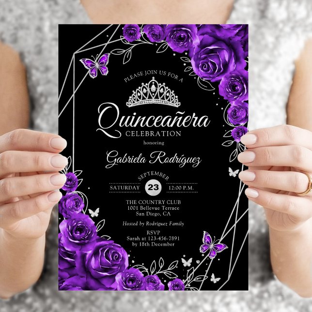 Convites Quinceanera Preto Prata Roxo Floral (Criador carregado)