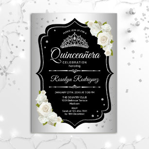 Convites Quinceanera - Preto Prateado Branco