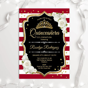 Convites Quinceanera - Preto Vermelho Branco Dourado