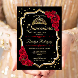 Convites Quinceanera - Preto Vermelho Dourado