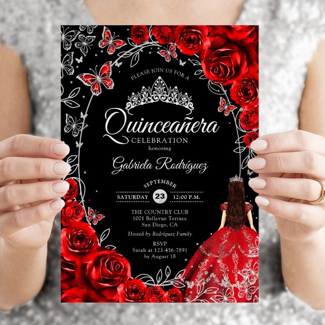 Convites Quinceanera Preto Vermelho Prata (Criador carregado)
