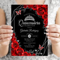 Quinceanera Preto Vermelho Prata Floral