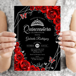 Convites Quinceanera Preto Vermelho Prata Floral