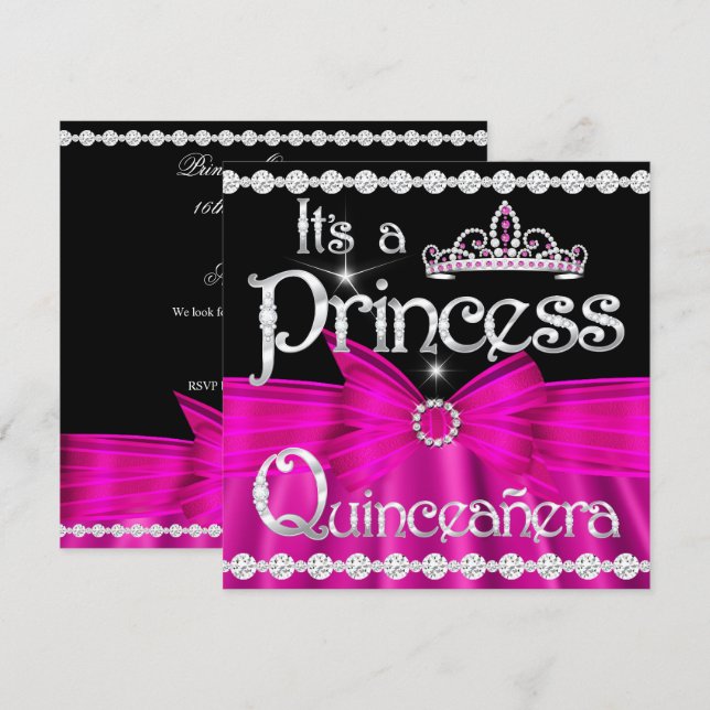 Convites Quinceanera Princesa Arco Rosa Quente Prata Tiara (Frente/Verso)