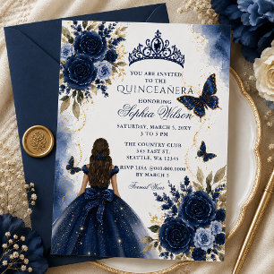 Convites Quinceañera Princesa Borboleta Floral Dourada Nava