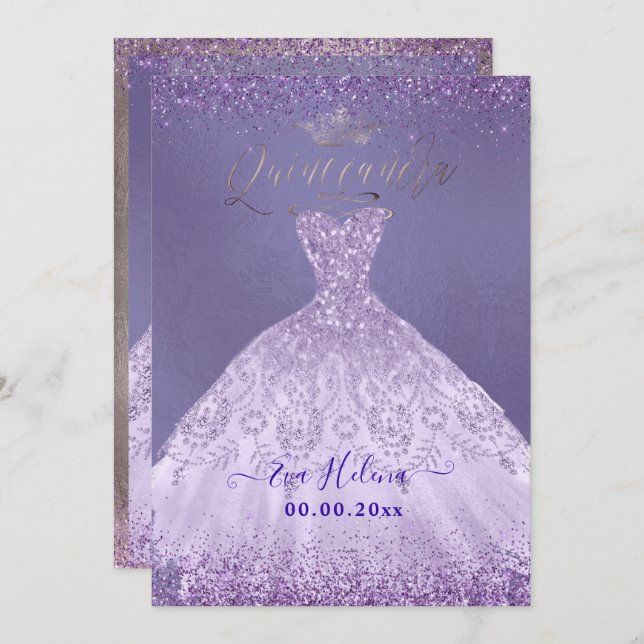 Convites Quinceañera, Princesa Dusty Roxo Glitter (Frente/Verso)