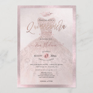 Convites Quinceañera, Princesa Faux Rosa Dourada Tiara+Gow