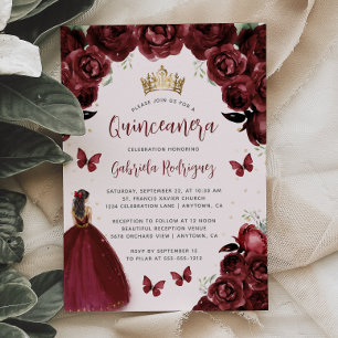 Convites Quinceañera Princesa Floral Aquarela Borgonha