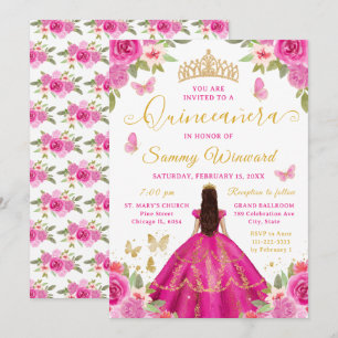 Convites Quinceañera Princesa Floral Rosa Neon Tiara Dourad