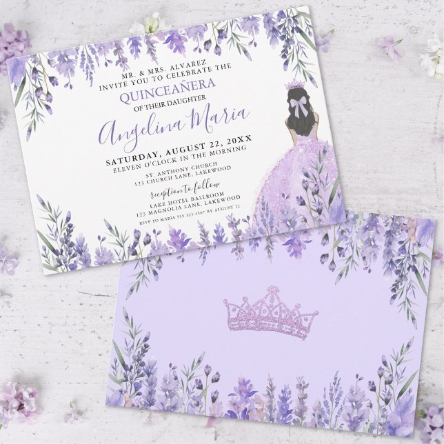 Convites Quinceañera Princesa Floral Roxa (Quinceañera Lilac Purple Floral Princess Invitation )
