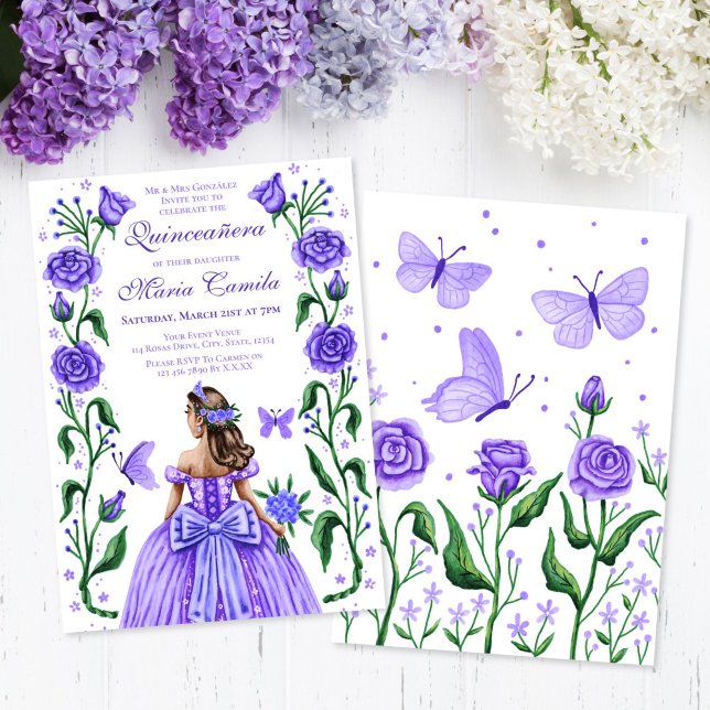 Convites Quinceanera Princesa Rosa Borboleta Lilás Roxo (Quinceanera Princess Roses Butterfly Lilac Purple Invitation)