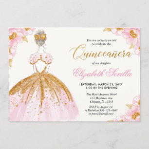 Convites Quinceanera, princesa-rosa-esbranquiçada