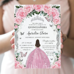 Convites Quinceañera Princesa Rosa Vintage Floral Silver