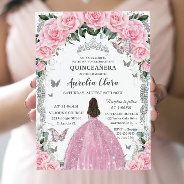 Convites Quinceañera Princesa Rosa Vintage Floral Silver (Criador carregado)