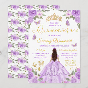 Convites Quinceañera Princesa Roxo Floral Tiara Dourada