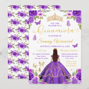 Convites Quinceañera Princesa Roxo Floral Tiara Dourada