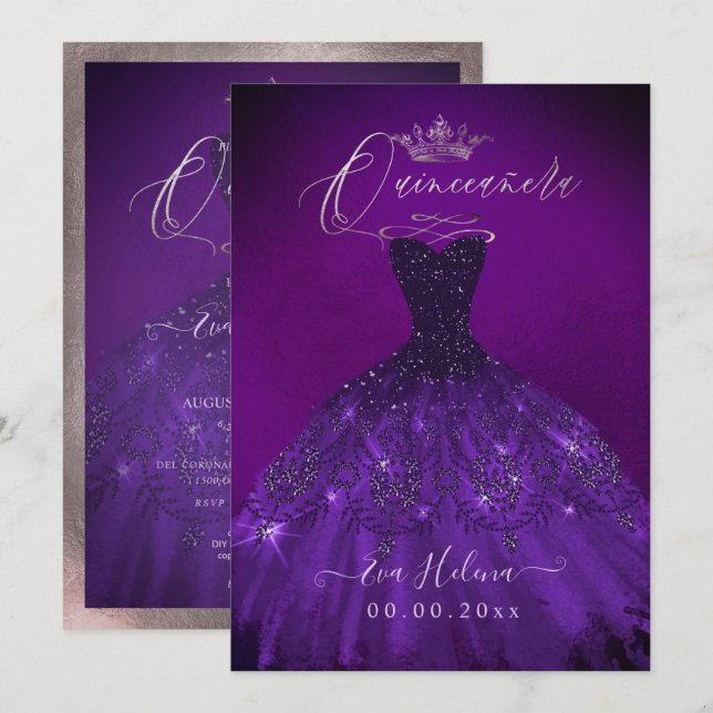 Convites Quinceañera, Princesa Sparkle Gown EggPlant (Frente/Verso)