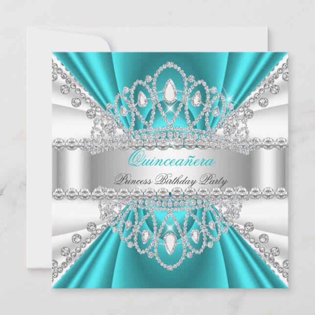 Convites Quinceanera Princesa Tiara Azul Turquesa Branco Di (Frente)