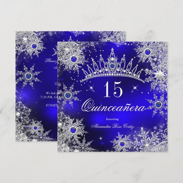 Convites Quinceanera Princesa Tiara de Floco de Neve Azul R (Frente/Verso)