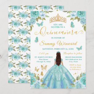 Convites Quinceañera Princesa Turquesa Floral Tiara Dourada