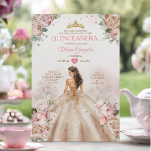 Convites Quinceañera Princess Champagne e Blush Pink